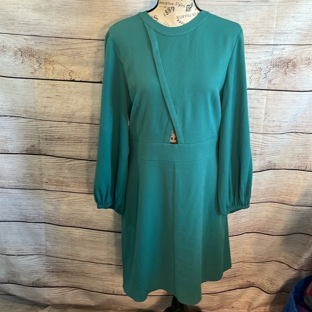 Tibi Savanna Cutout Dress NWT Long Sleeves Keyhole Waist Teal Lined Size 10 - Picture 2 of 14
